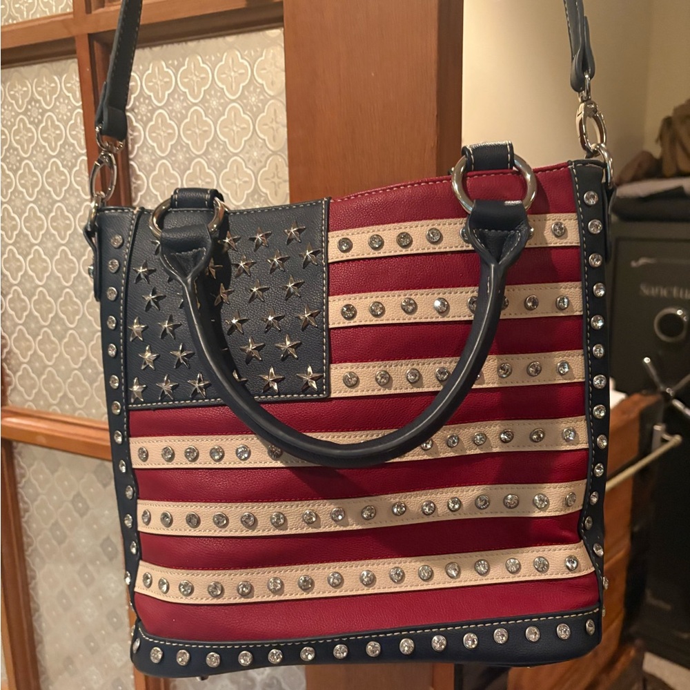 Montana West Studded American Flag Shoulder Bag in Red, Navy & Cream